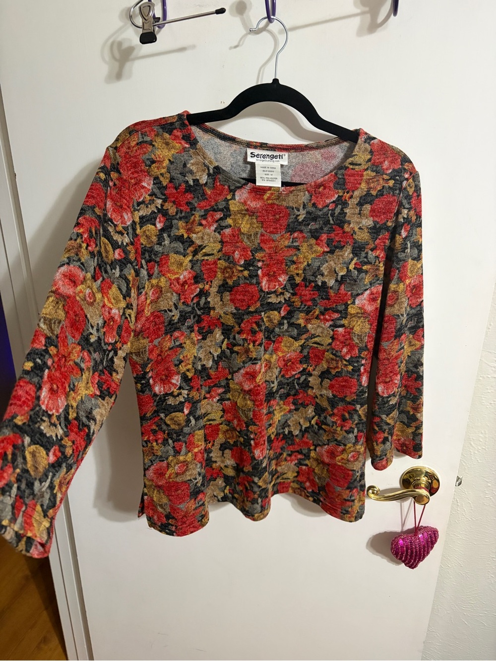 💜 Medium Serengeti Red, Gold & Green Floral Long Sleeve Knit Top
